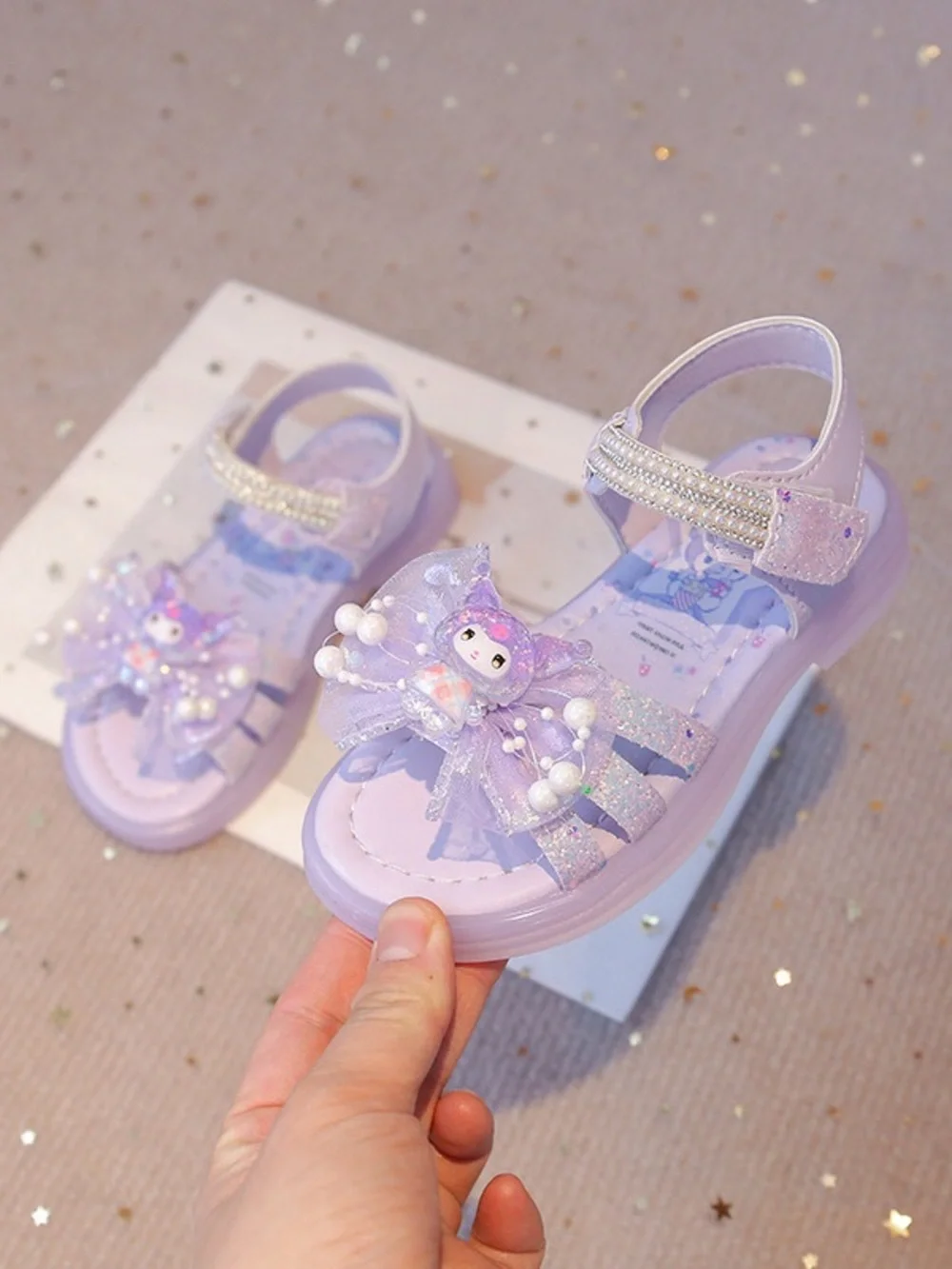 Cute Purple Girls' Bow Sandals with Pearls - Kids Shoes